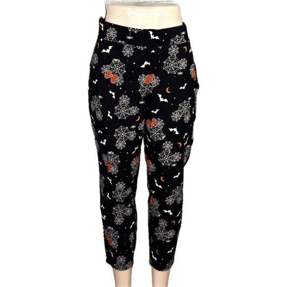 Disney +3 Black Stretch High Waisted Spooky Spider Webs & Bows Graphic Leggings - Picture 2 of 6